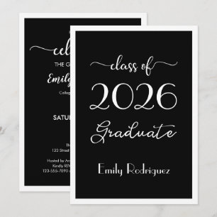 Class Of 2026 Black White Elegant Graduation Party Invitation