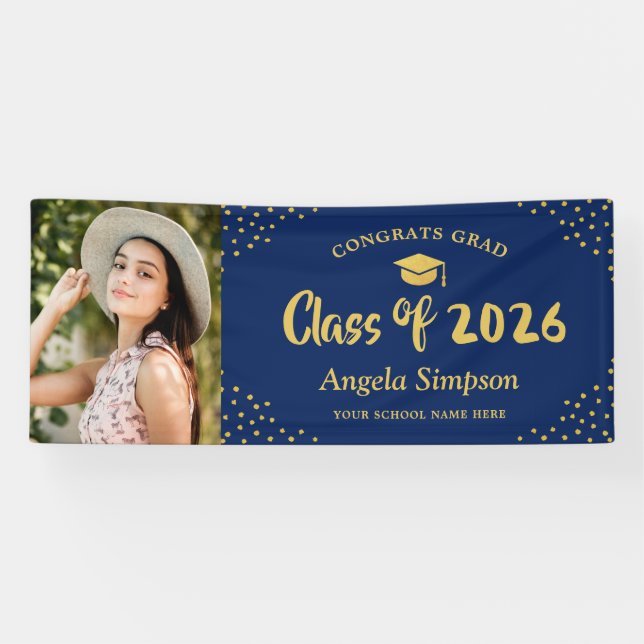 Class of 2026 Blue Gold Photo Graduation Party Banner (Horizontal)