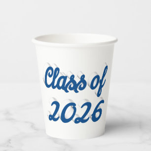 Class of 2026 blue script graduation paper cups