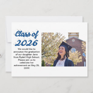 Class of 2026 blue script graduation photo invitation