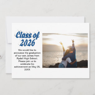 Class of 2026 blue text graduation photo invitation