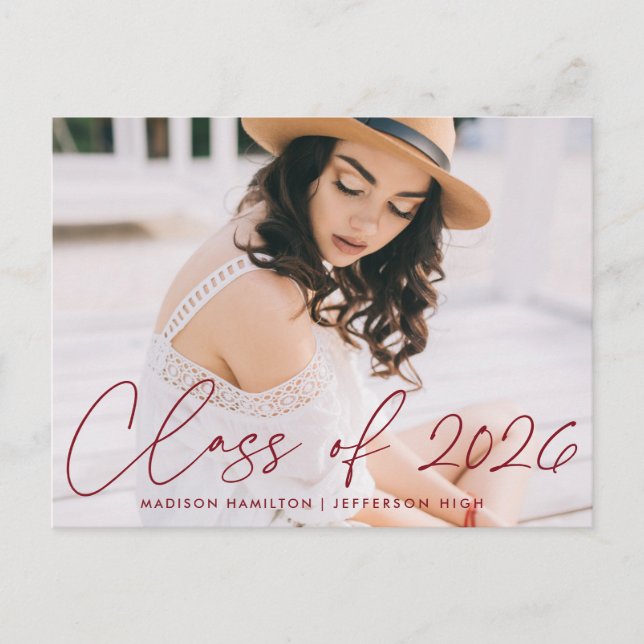 Class of 2026 Burgundy Script Graduation Party Invitation Postcard (Front)