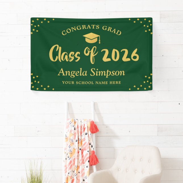 Class of 2026 Classic Green Gold Graduation Party Banner (Insitu)