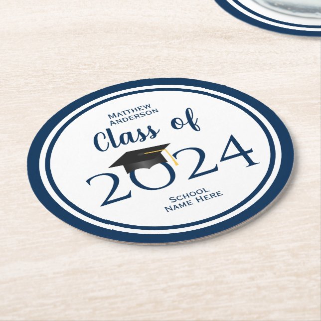 Class of 2026 Elegant Navy Blue Graduation Party Round Paper Coaster (Angled)