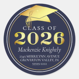 Class of 2026 Elegant Navy Gold Return Address Classic Round Sticker