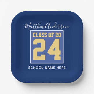Class of 2026 Elegant Royal Blue & Gold Graduation Paper Plate