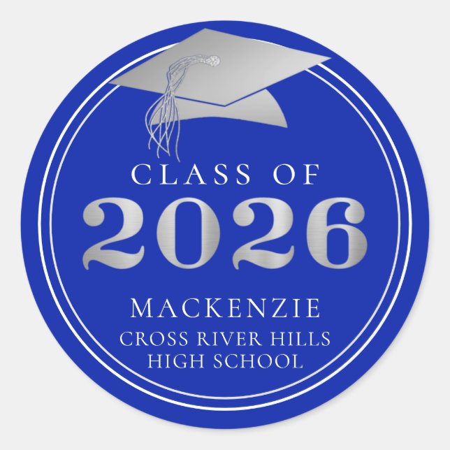 Class of 2026 Elegant Royal Silver Personalised Classic Round Sticker (Front)