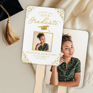 Class Of 2026 Elegant White Gold Photo Graduation Hand Fan