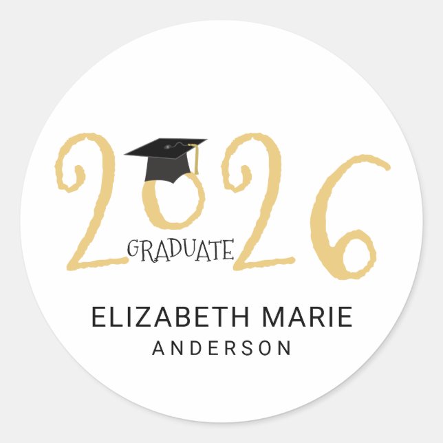 Class of 2026, Gold and Black Personalised Classic Round Sticker (Front)