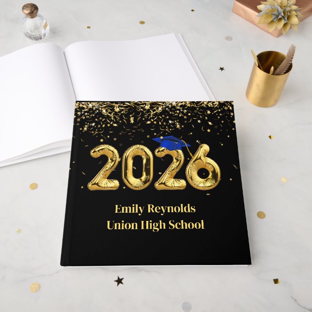 Class of 2026 Gold Balloons With Blue Cap Guest Book (Front Open)