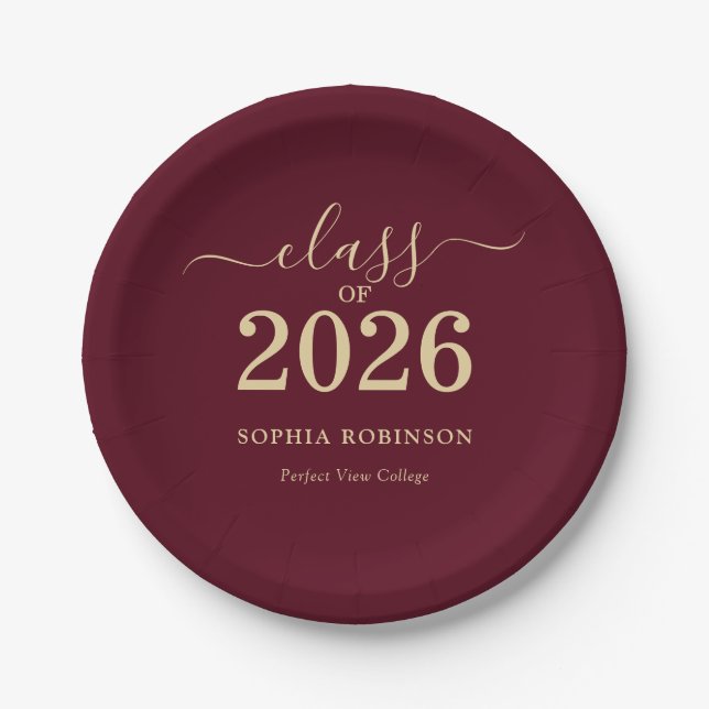 Class of 2026 Gold Burgundy Graduation Party Paper Plate (Front)