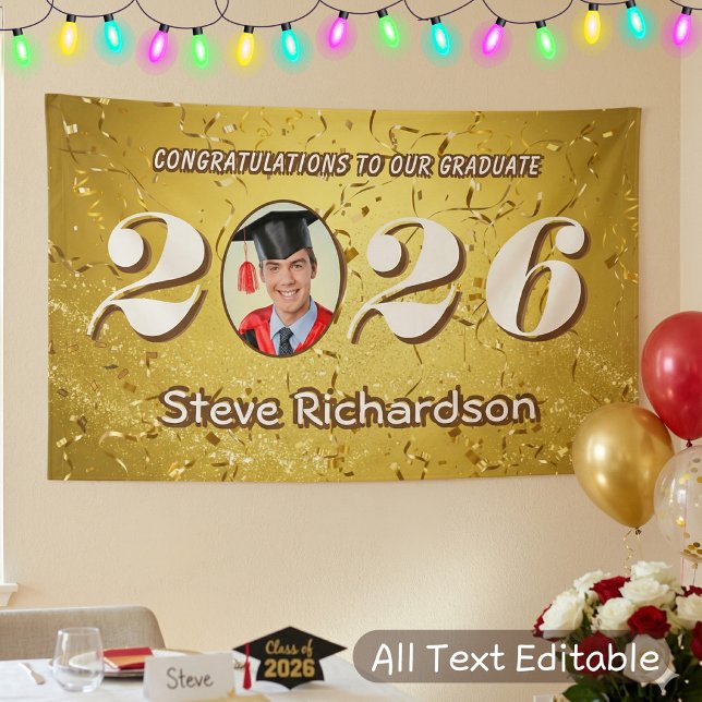 Class of 2026 Gold Confetti Glitters Custom Photo Banner (Creator Uploaded)