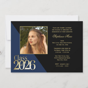 Class of 2026 Gold Grad Dark Blue with Photo Invitation
