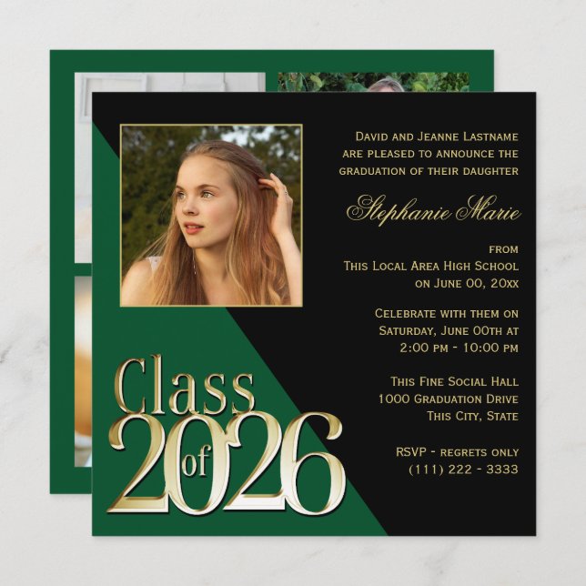 Class of 2026 Gold Grad Green with Photo Invitation (Front/Back)