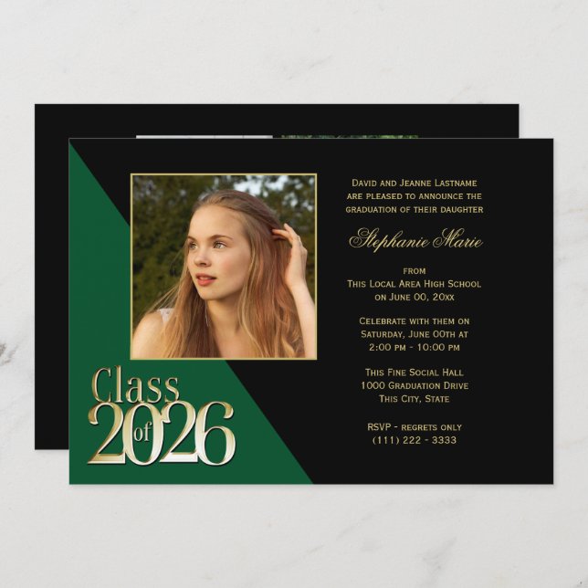 Class of 2026 Gold Grad Green with Photo Invitation (Front/Back)