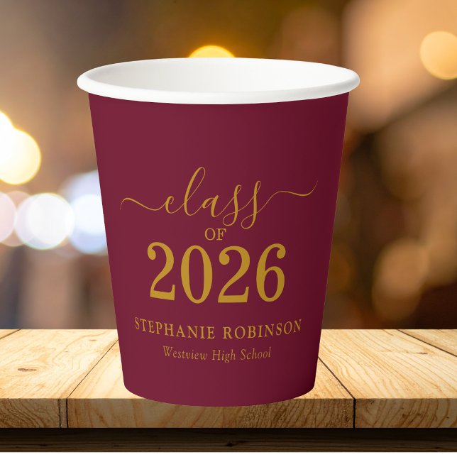 Class of 2026 Gold Maroon Graduation Party Paper Cups (Creator Uploaded)