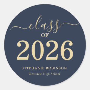 Class of 2026 Gold Script Blue Graduation  Classic Round Sticker