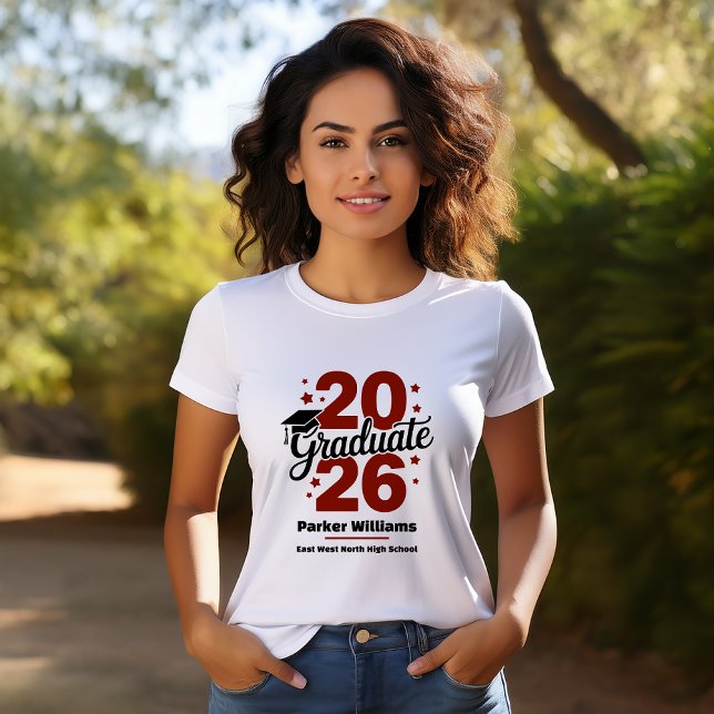 Class of 2026 Grad Cap | Graduate Maroon T-Shirt (Graduate Grad Cap and Stars Name and School Graduation T-Shirt -- Maroon)