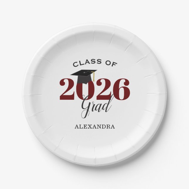 Class of 2026 Grad Simple Maroon and Black Paper Plate (Front)