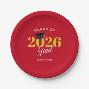 Class of 2026 Grad Simple Red and Gold Paper Plate