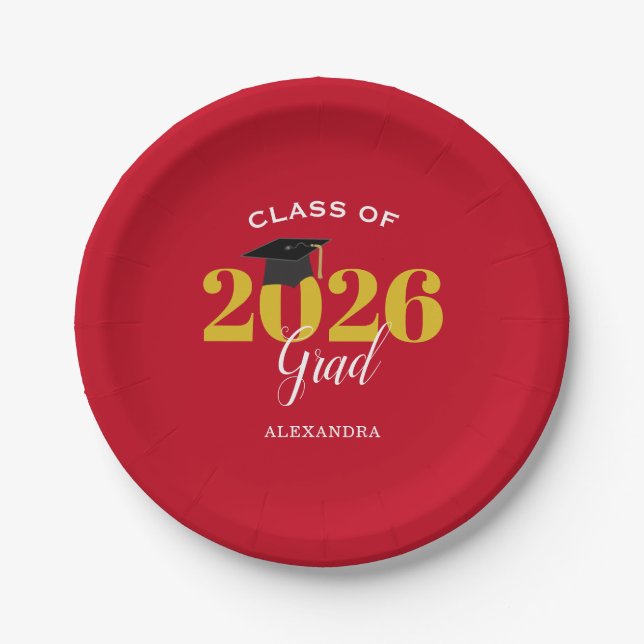 Class of 2026 Grad Simple Red and Gold Paper Plate (Front)