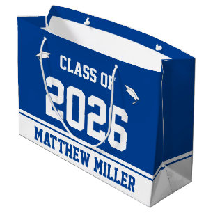 Class of 2026 & Grad's Name on Deep Blue and White Large Gift Bag