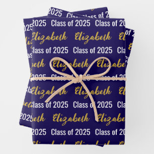 Class of 2026 Graduate's Name Blue White Gold Wrapping Paper Sheet