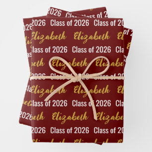 Class of 2026 Graduate's Name Dark Red White Gold Wrapping Paper Sheet