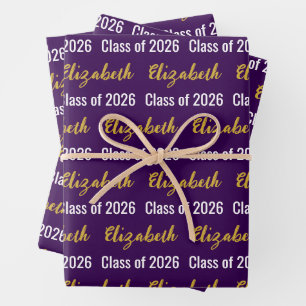 Class of 2026 Graduate's Name Dk Purple White Gold Wrapping Paper Sheet