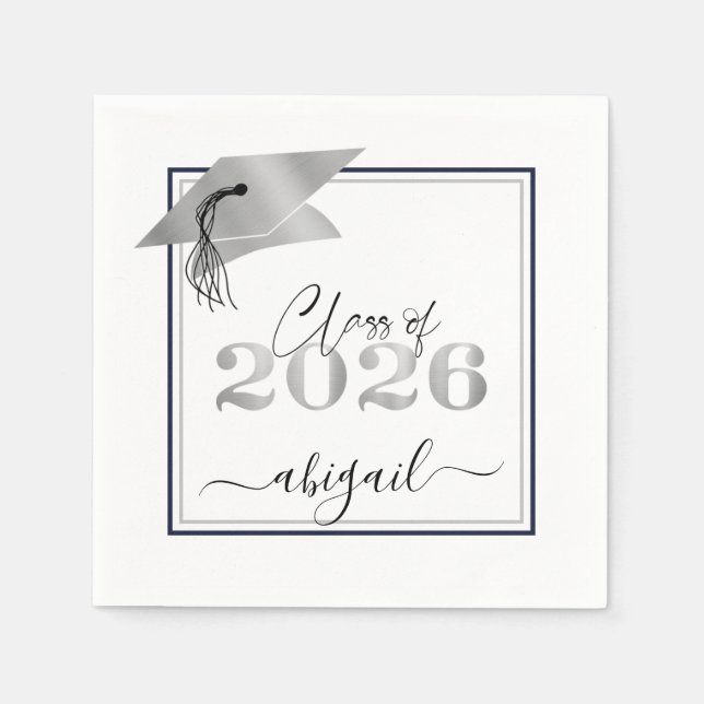  Class of 2026 Graduation Metallic Silver Script Napkin (Front)