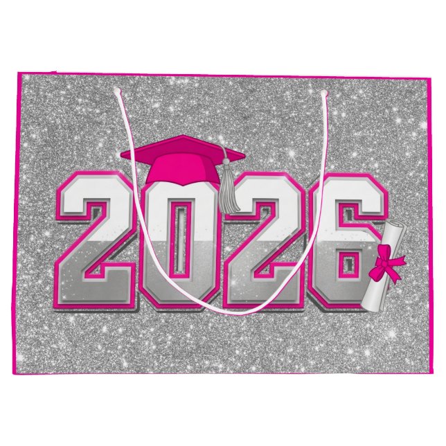 Class of 2026 Hot Pink Silver Glitter Varsity Grad Large Gift Bag (Back)