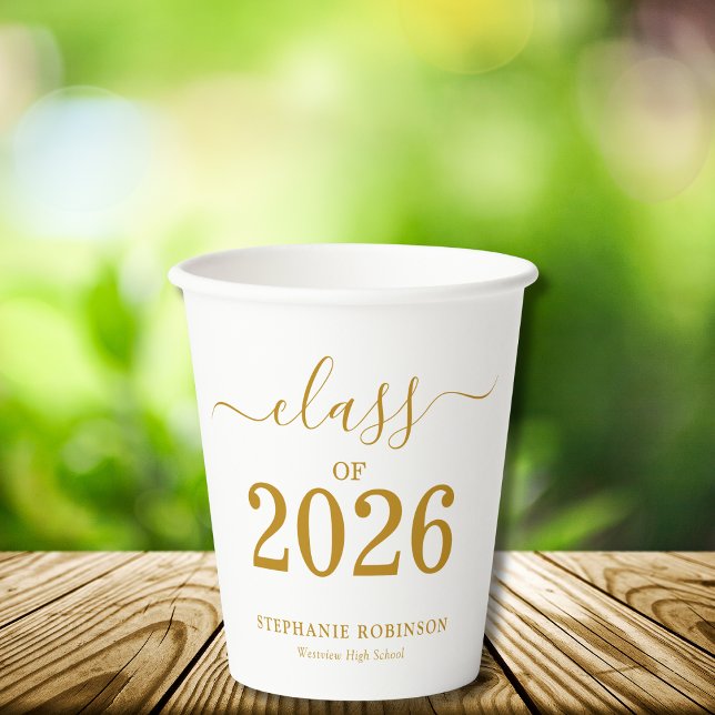 Class of 2026 Modern Gold Script Graduation  Paper Cups (Creator Uploaded)