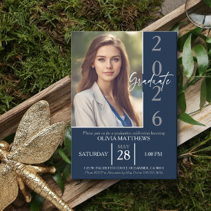 Class of 2026 Navy Blue Custom Photo Graduation  Invitation