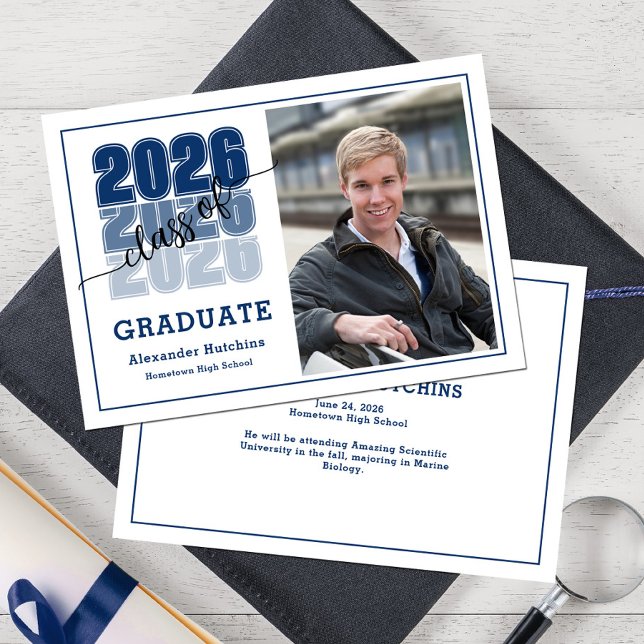 Class of 2026 Navy Blue Modern Bold Photo Grad Announcement (Creator Uploaded)