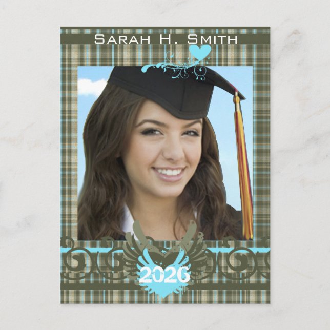 Class of 2026 Olive Green & Blue Plaid Graduation Invitation Postcard (Front)