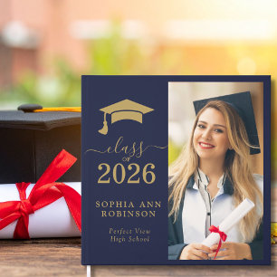 Class of 2026 Photo Blue Gold Graduation Party Guest Book