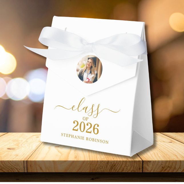 Class of 2026 Photo Elegant Gold Script Grad Favour Box (Creator Uploaded)