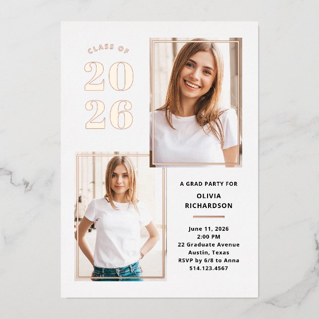 Class of 2026 Photo White and Rose Gold Grad Party (Front)