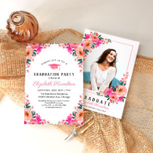 Class of 2026 Pink Floral Frame Photo Grad Invite