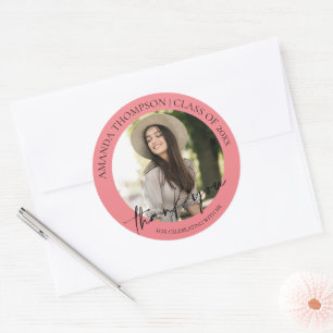 Class Of 2026 Pink Photo Graduation Thank You Classic Round Sticker