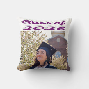 Class of 2026 purple script graduation photo cushion