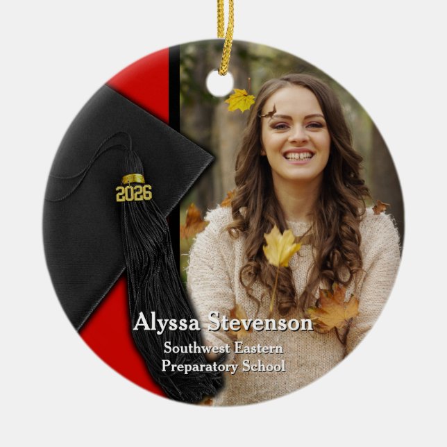 Class of 2026 Red Tassel Dignified Graduation Ceramic Tree Decoration (Front)
