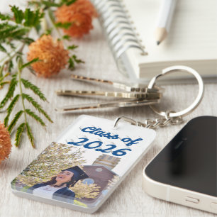 Class of 2026 sea blue script graduation photo key ring
