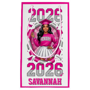 Class of 2026 Senior Black Girl Grad Pink Silver Small Gift Bag