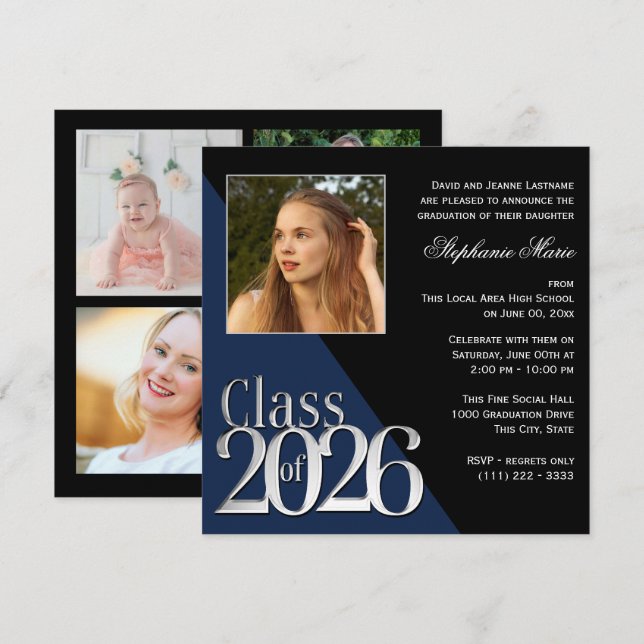 Class of 2026 Silver Grad Blue with Photo Invitation (Front/Back)