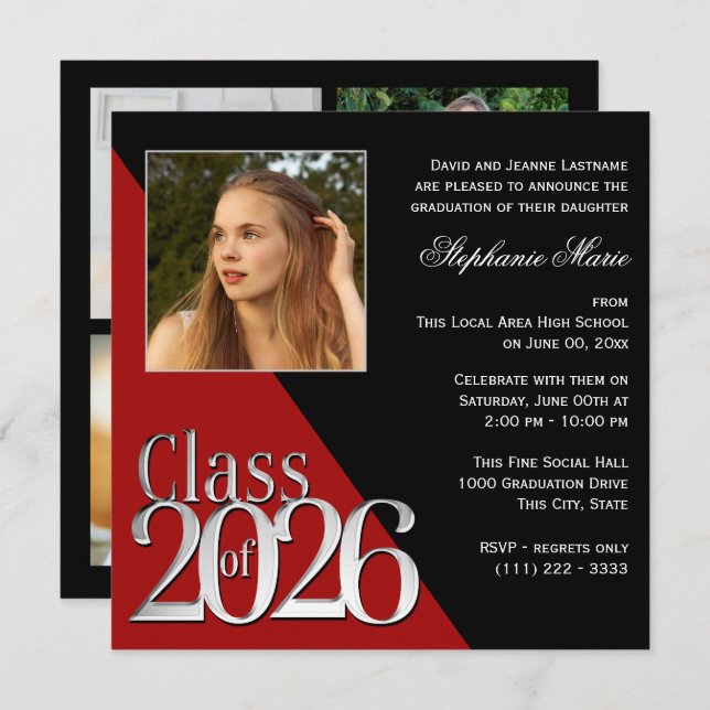 Class of 2026 Silver Grad Red with Photo Invitation (Front/Back)