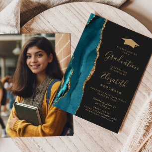 Class of 2026 Teal Agate Photo Cap Dark Graduation Invitation