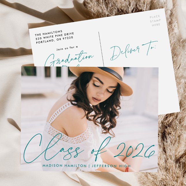Class of 2026 Teal Script Photo Graduation Party Invitation Postcard (Creator Uploaded)