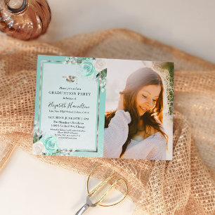 Class of 2026 Teal Silver Floral Graduation Invite