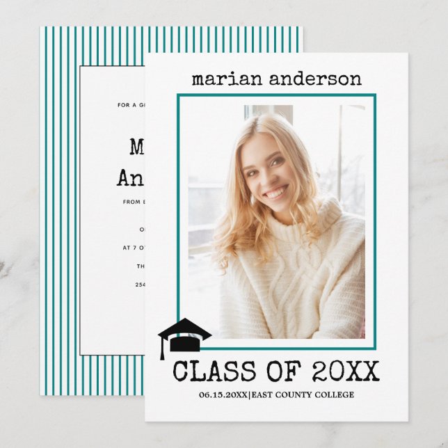 Class of 2026 typewriter teal graduation photo invitation (Front/Back)
